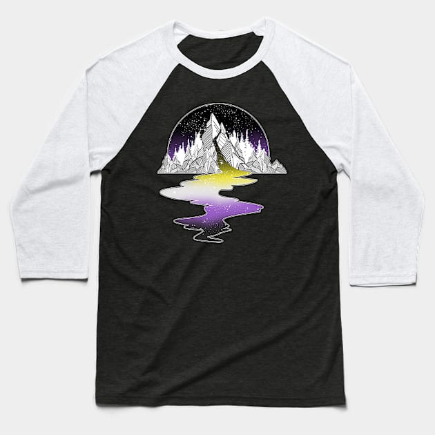 Nonbinary Flag Mountain River Baseball T-Shirt by Psitta